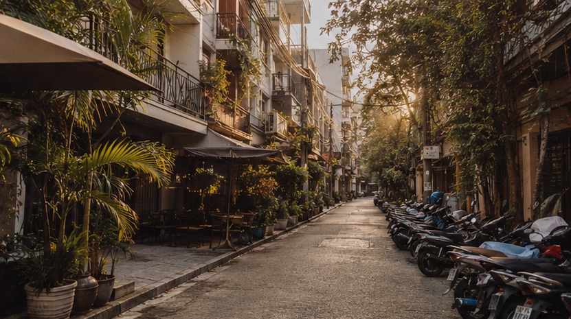 A narrow numbered alley in the An Thuong area of My An, Da Nang, lined with low-rise apartment balconies