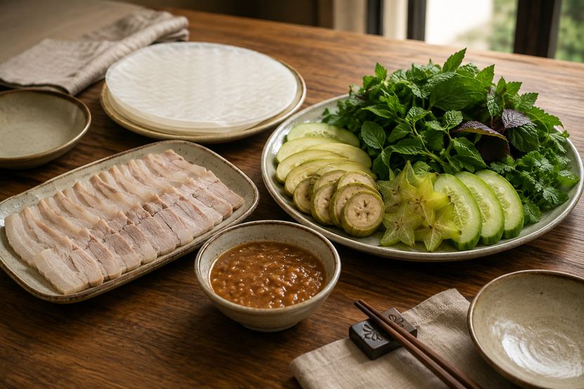 A table set for bánh tráng cuốn thịt heo: sliced boiled pork, stacked rice paper, a platter of herbs with green banana, starfruit and cucumber, and a bowl of mắm nêm