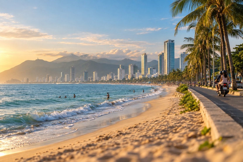 My Khe beach in Da Nang at golden hour, with the city skyline and the mountains behind it