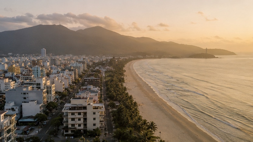 Aerial view along the Da Nang beach strip toward the Son Tra peninsula