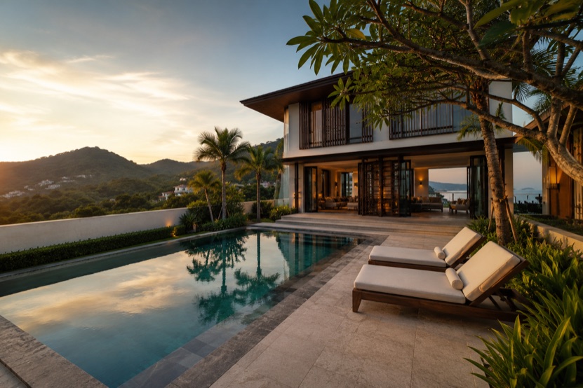 A hillside villa in Da Nang at sunset with a private pool, open living pavilion and sea view over the trees
