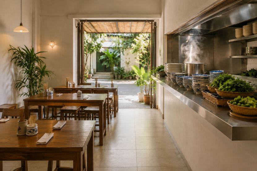 The counter of a small Vietnamese noodle shop, with a steaming stock pot, stacked bowls and baskets of fresh herbs and limes