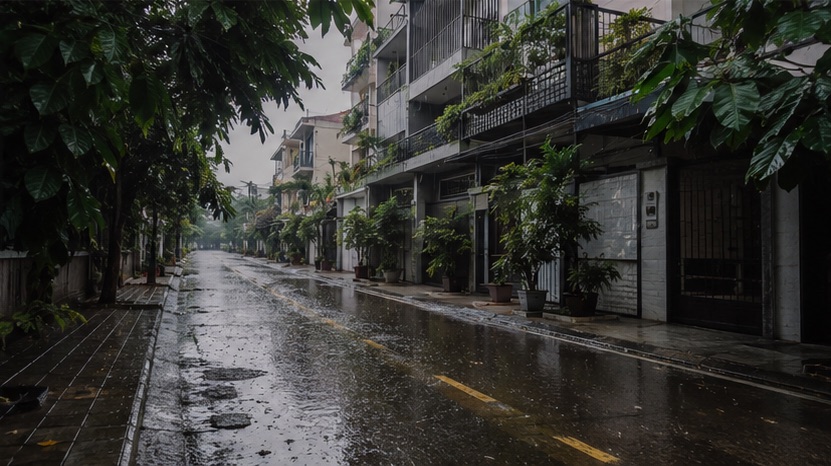 A Da Nang street during the September to December rainy season, with water pooling along the kerb