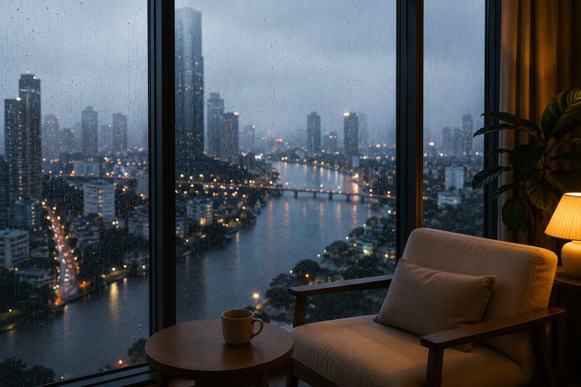 Rain running down a high floor apartment window in Da Nang at dusk, with a lamp, an armchair and a cup of tea inside and the city and river lit below
