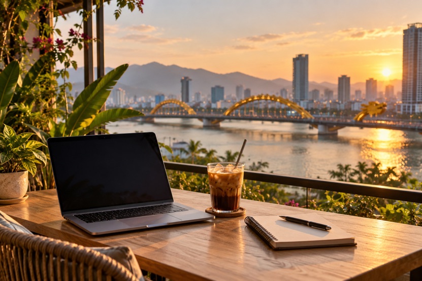 A laptop and Vietnamese iced coffee on a balcony table in Da Nang, overlooking the Dragon Bridge and the Han River at sunset