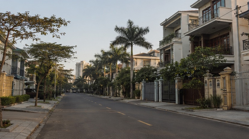 A wide residential street in the An Hai area of Son Tra, Da Nang, with houses set back behind low walls